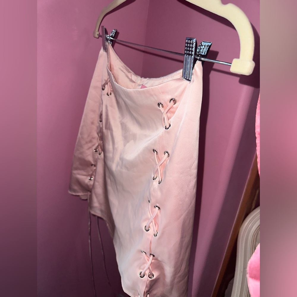 Sugar thrillz light pink satin skirt with detailing 💗